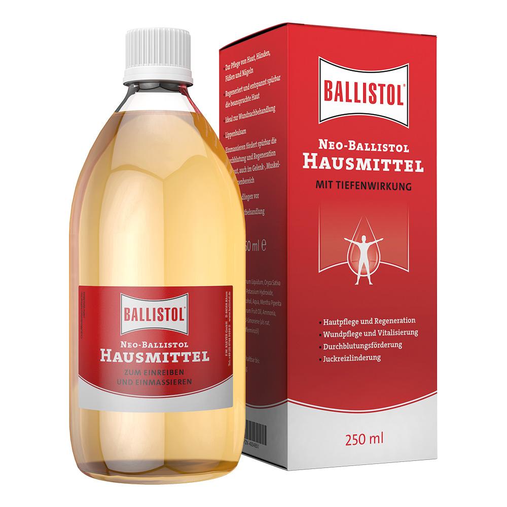 Eine Flasche und Schachtel Neo-Ballistol Hausmittel stehen nebeneinander.