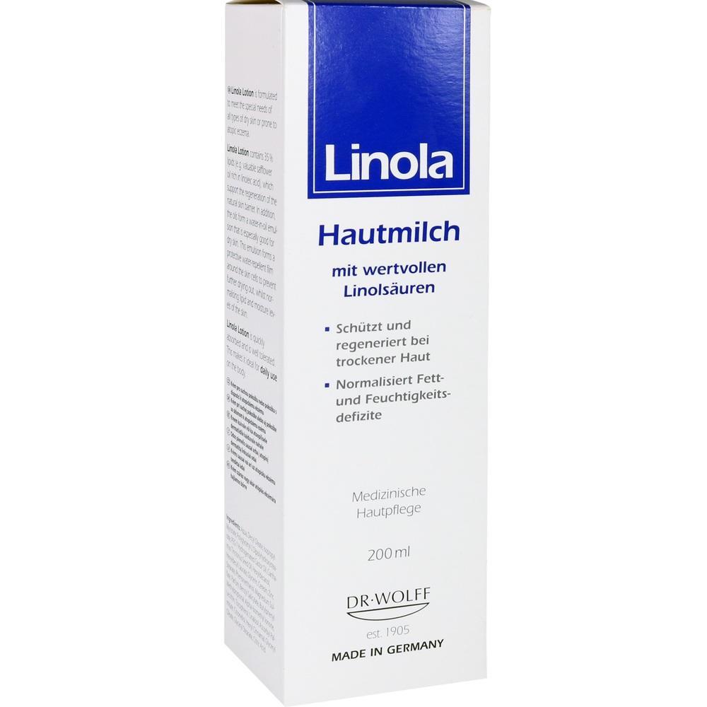 Wei&szlig;e Verpackung von Linola Hautmilch mit blauer Schrift f&uuml;r trockene Hautpflege.