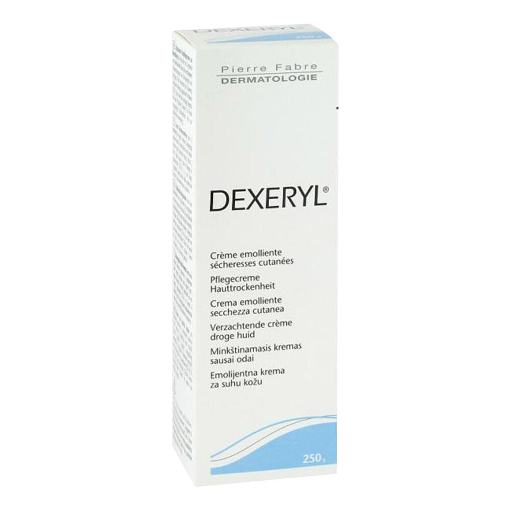 Wei&szlig;e Packung mit der Aufschrift "Dexeryl", eine Pflegecreme gegen Hauttrockenheit.