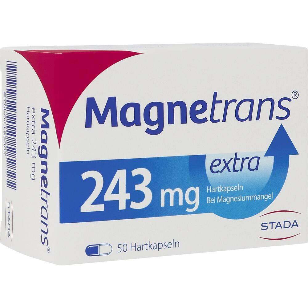 Eine Packung mit 50 Magnetrans 243 mg Hartkapseln gegen Magnesiummangel.