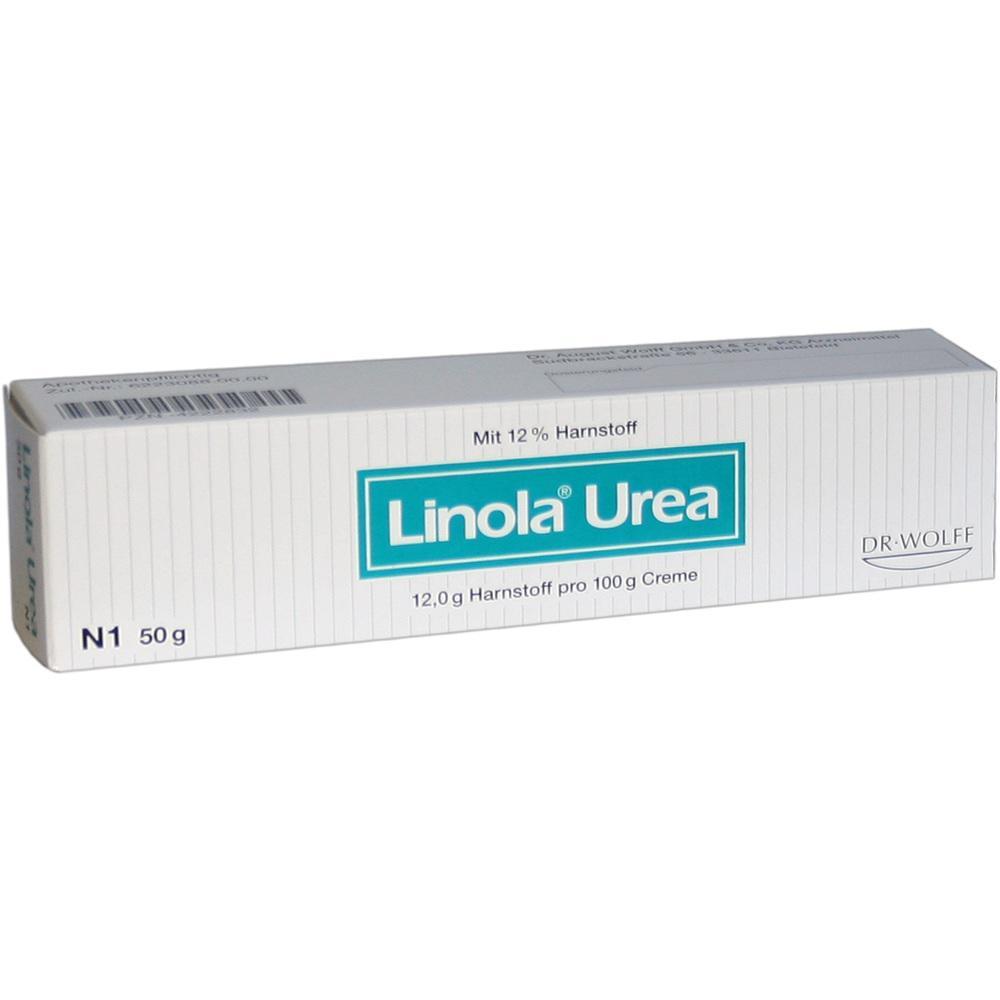Wei&szlig;e Schachtel mit der Aufschrift "Linola Urea", eine Creme mit Harnstoff.