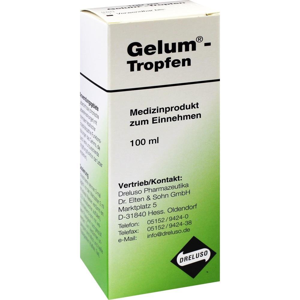 Wei&szlig;e Verpackung von Gelum-Tropfen, einem Medizinprodukt zum Einnehmen, 100 ml.