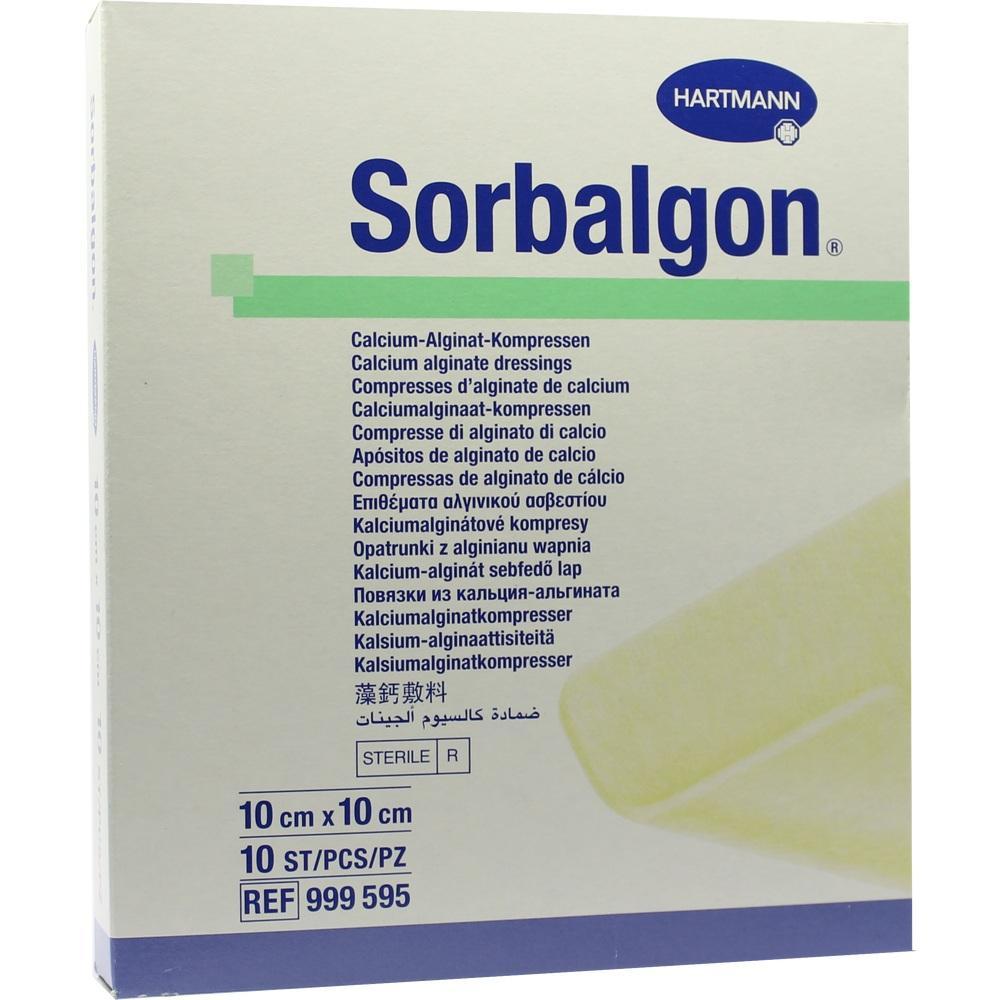 Die Packung zeigt Sorbalgon-Kompressen aus Calcium-Alginat in verschiedenen Sprachen.