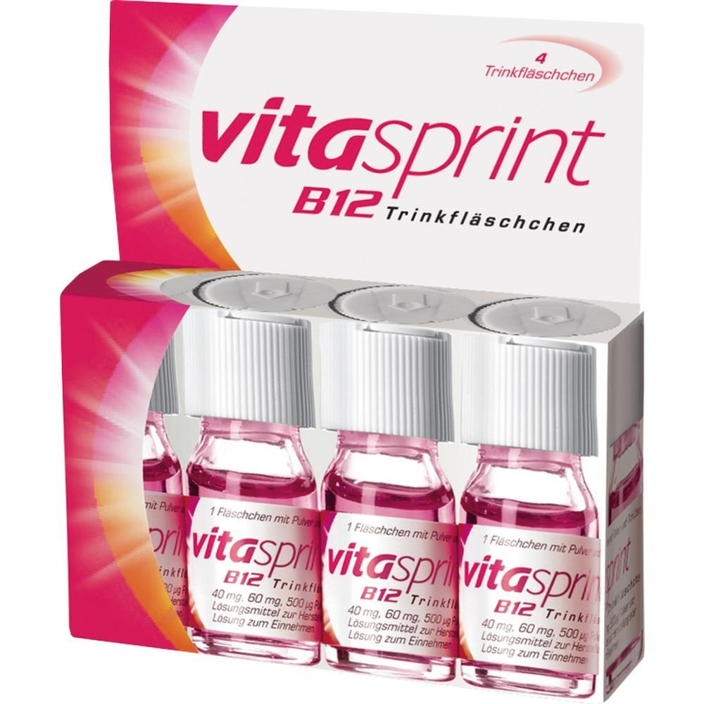 Eine Packung mit vier kleinen, pink gef&uuml;llten Fl&auml;schchen "Vitasprint B12".