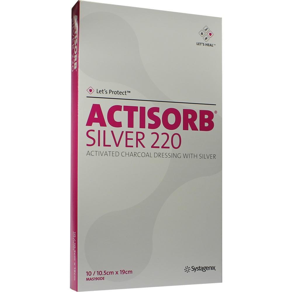 Eine Packung mit Aktivkohle-Verband mit Silber der Marke Actisorb Silver 220.
