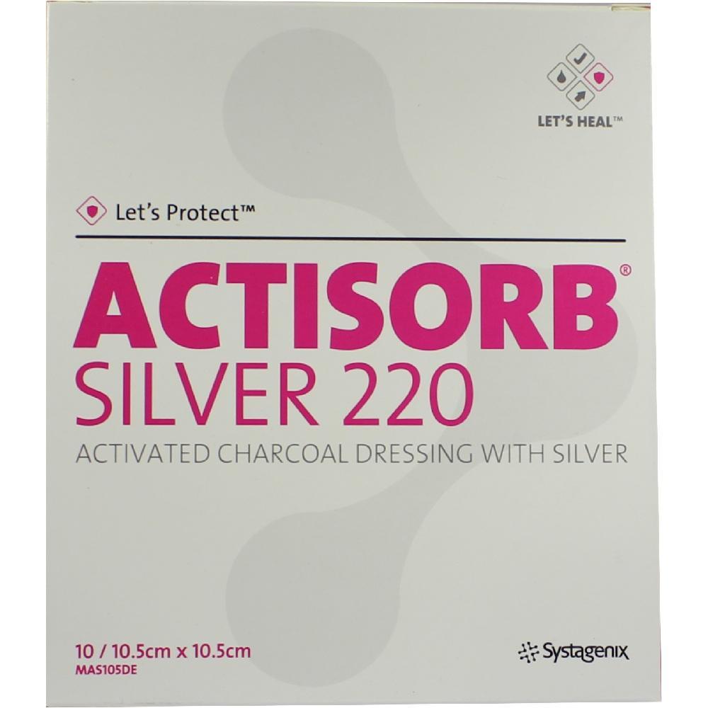 Verpackung von Actisorb Silver 220, einer Wundauflage mit Aktivkohle und Silber.