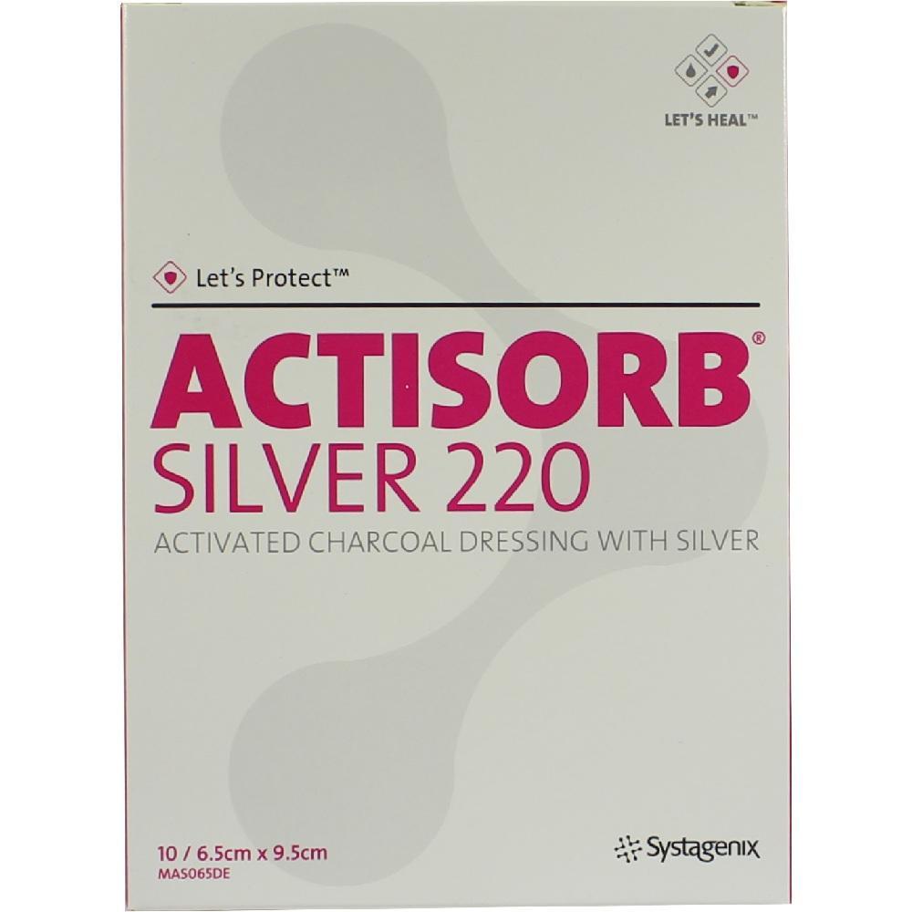 Verpackung von ACTISORB Silver 220, einem Verband mit Aktivkohle und Silber.