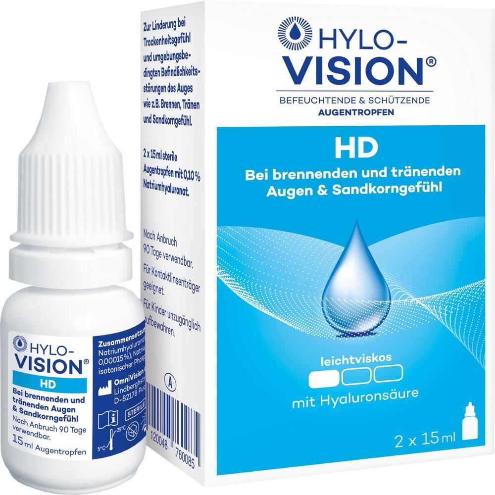 Verpackung und Flasche von Hylo-Vision Augentropfen f&uuml;r trockene Augen.
