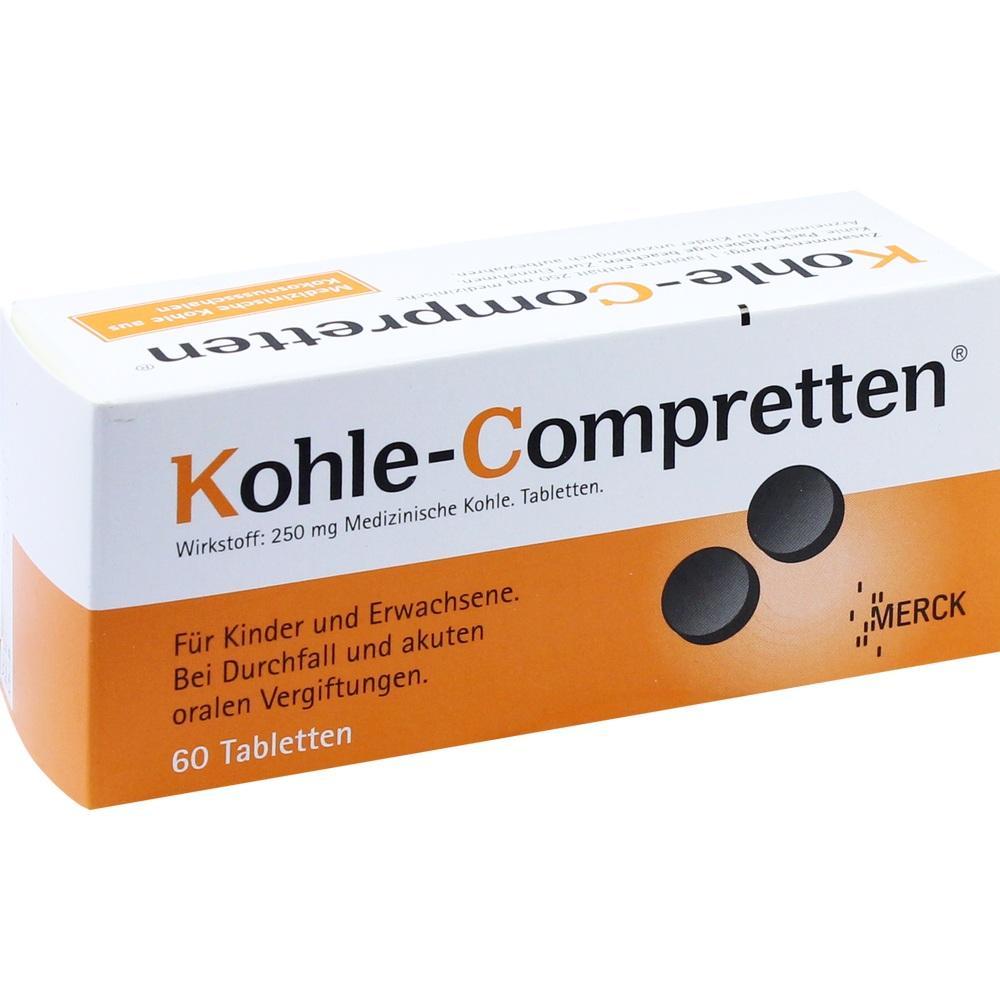 Eine Packung Kohle-Tabletten zur Behandlung von Durchfall und Vergiftungen.