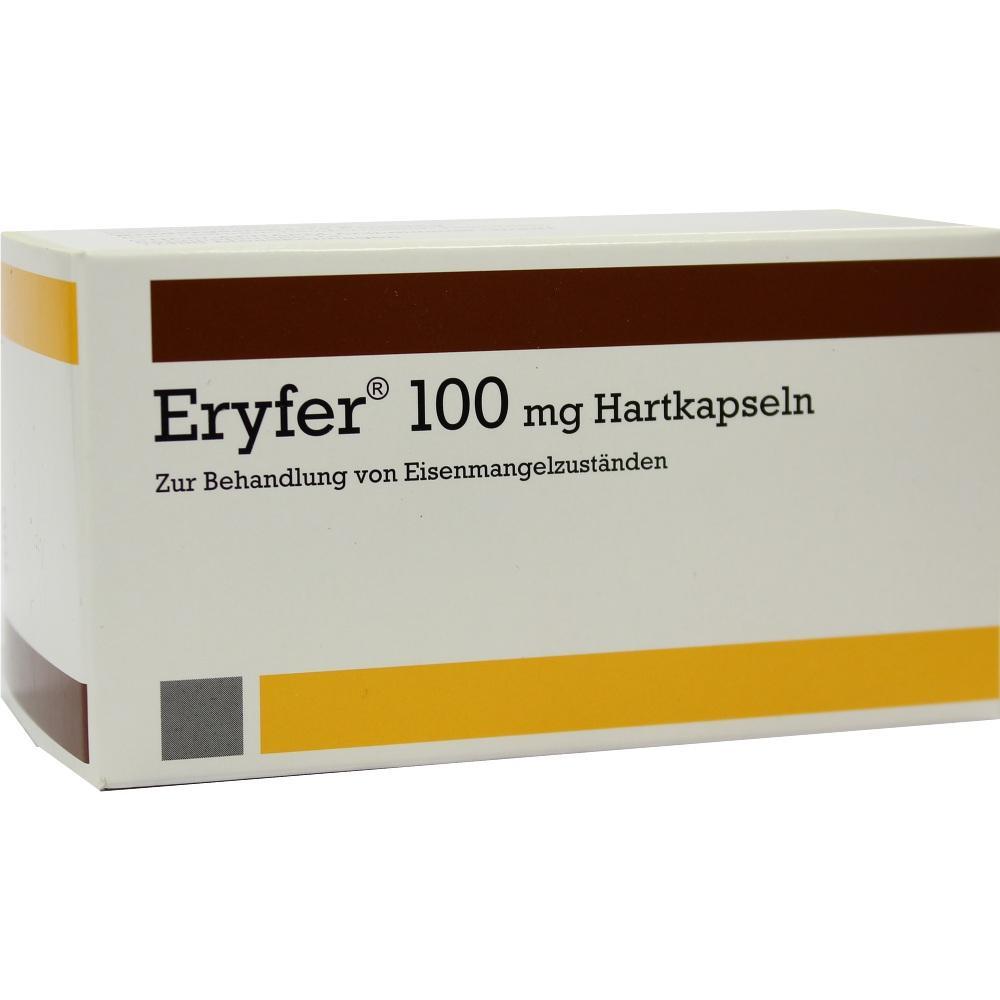 Die Verpackung zeigt Eryfer 100 mg Kapseln zur Behandlung von Eisenmangel.
