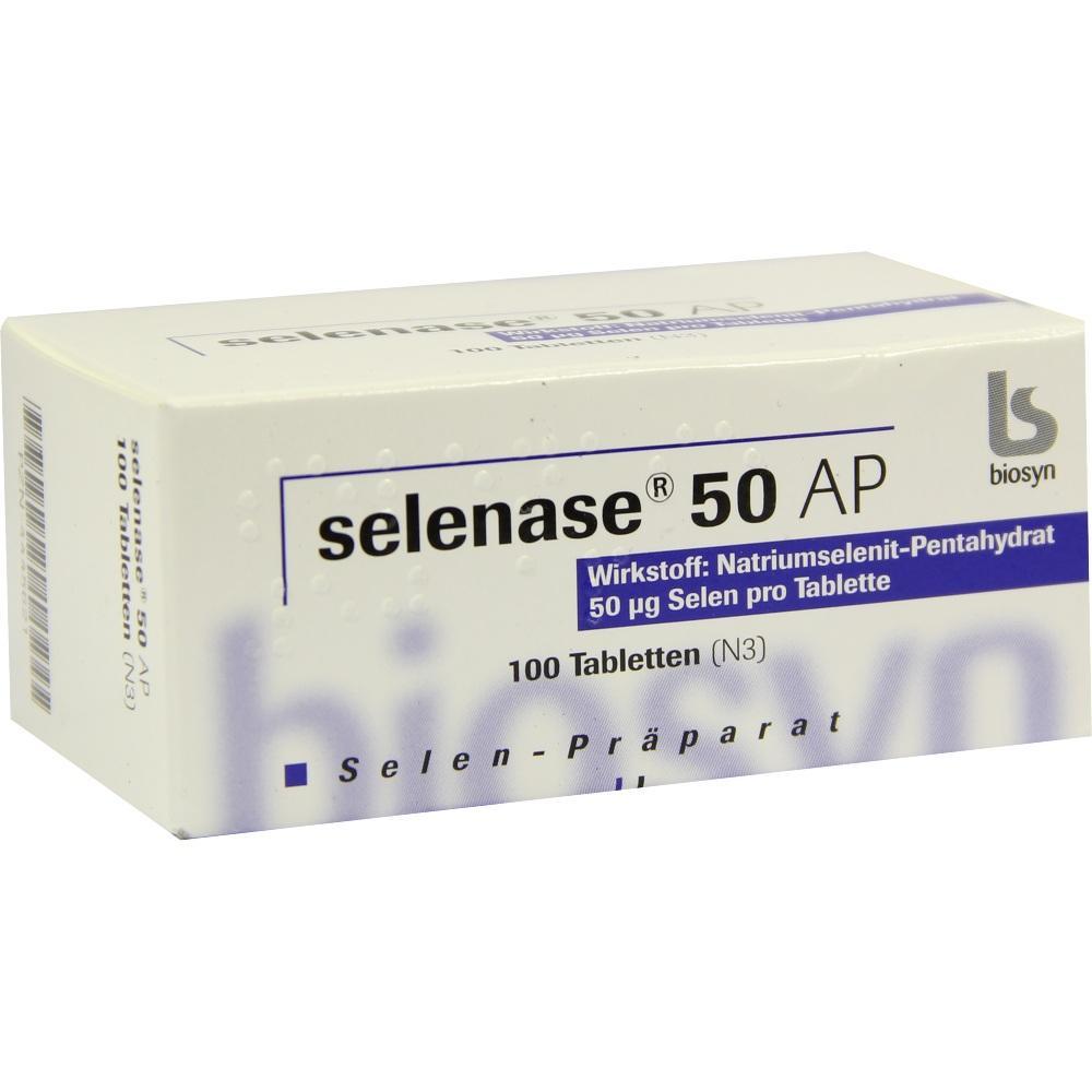 Eine wei&szlig;e Medikamentenverpackung mit der Aufschrift "Selenase 50 AP".