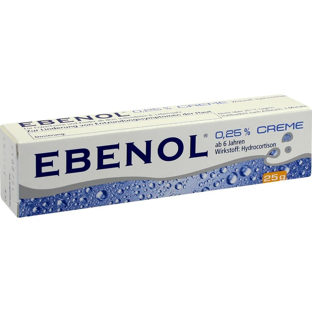 Eine wei&szlig;e Schachtel der Ebenol-Creme mit blauen Wassertr&ouml;pfchen.