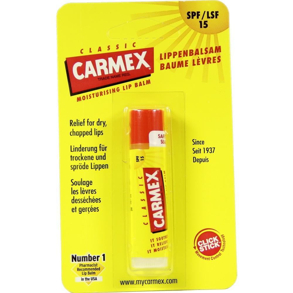 Gelbe Verpackung mit einem Lippenbalsam der Marke Carmex.