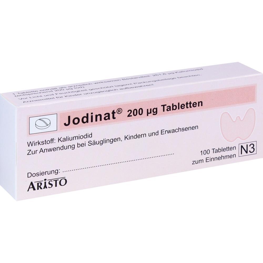 Wei&szlig;e Medikamentenverpackung f&uuml;r Jodinat-Tabletten mit 200 &micro;g Kaliumiodid.