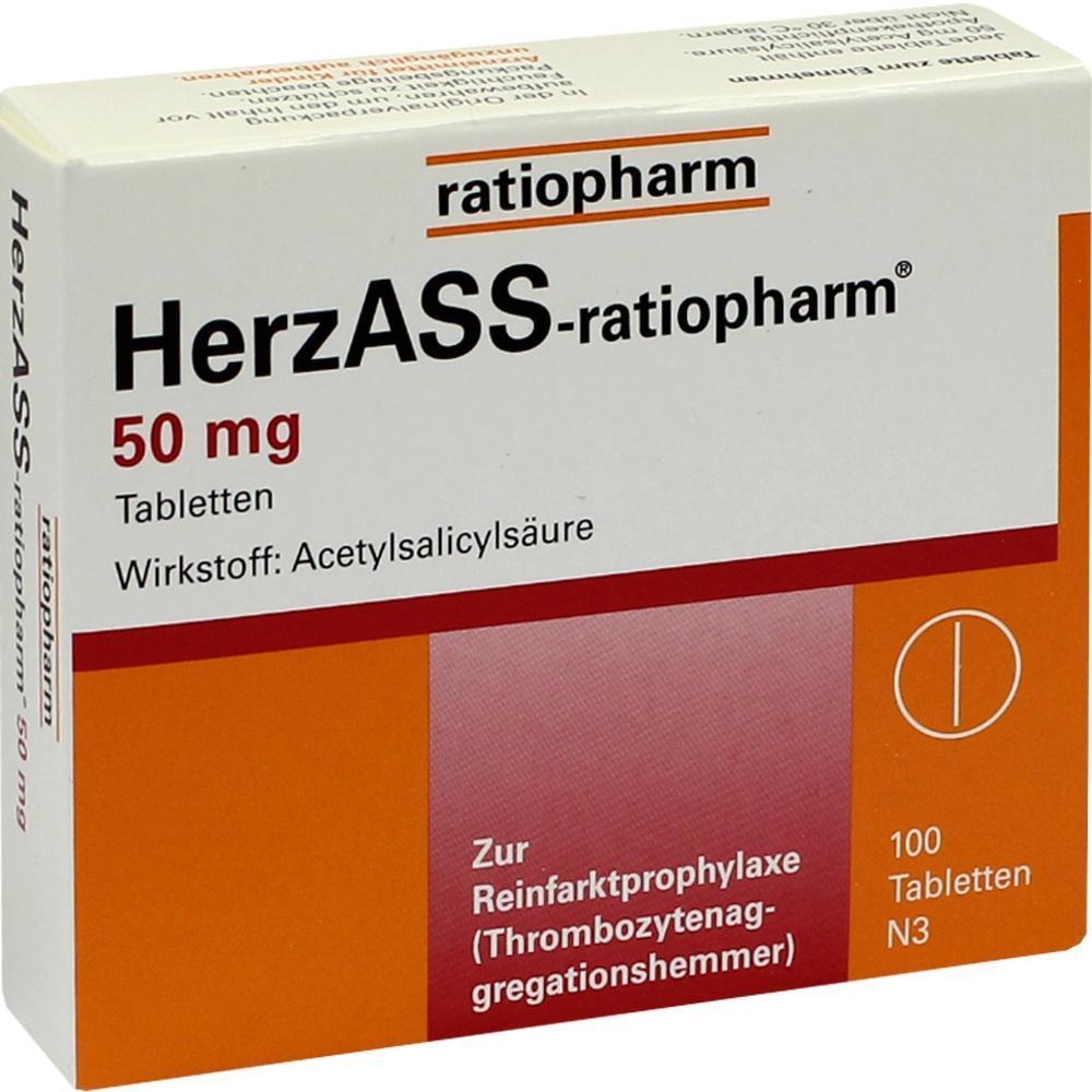 Eine Medikamentenverpackung von HerzASS-Tabletten, 50 mg, zur Herzinfarktvorbeugung.