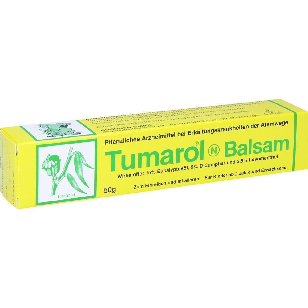 Gelbe Schachtel mit Tumarol Balsam, ein pflanzliches Mittel gegen Erk&auml;ltung.