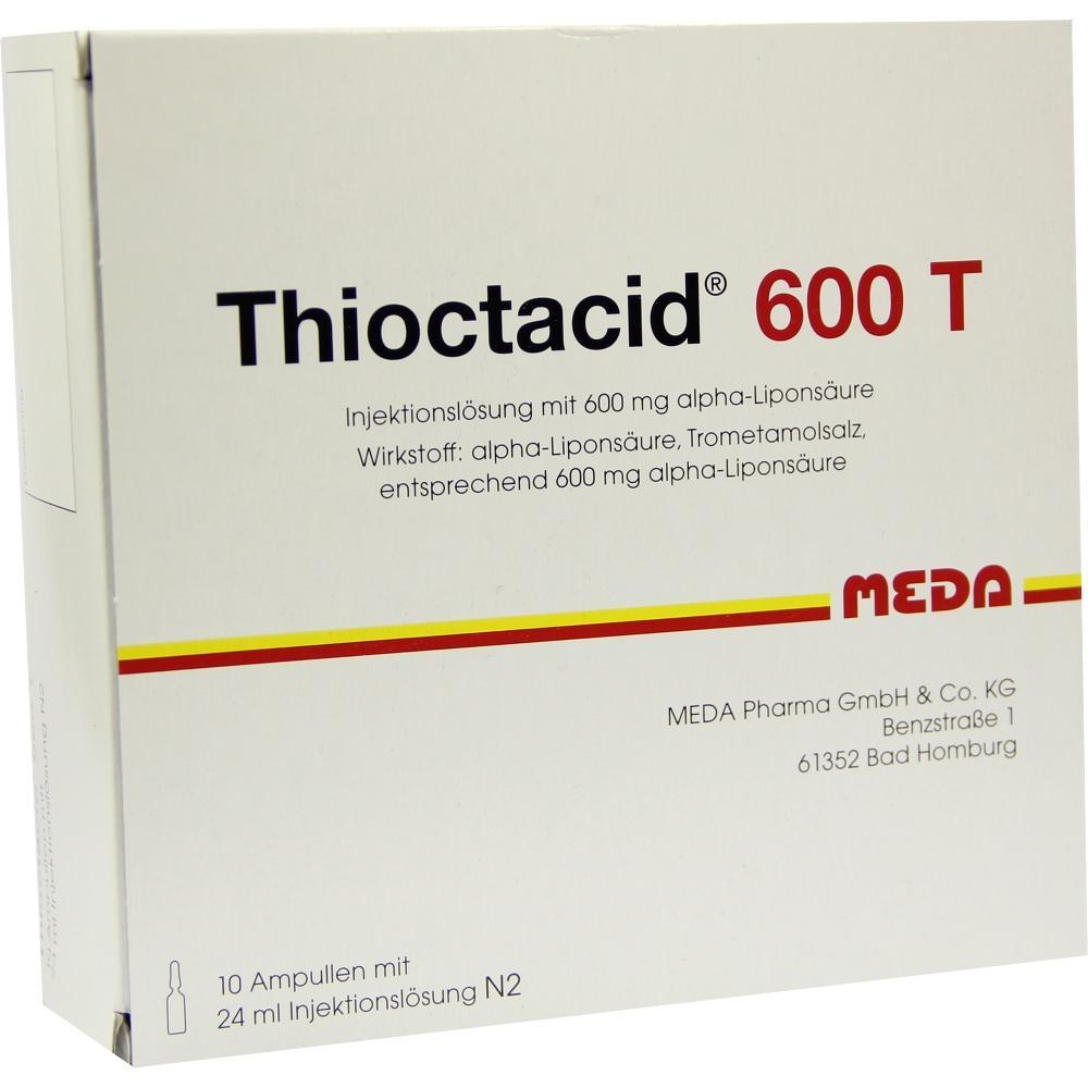 Wei&szlig;e Verpackung mit der Aufschrift "Thioctacid 600 T" und medizinischen Details.