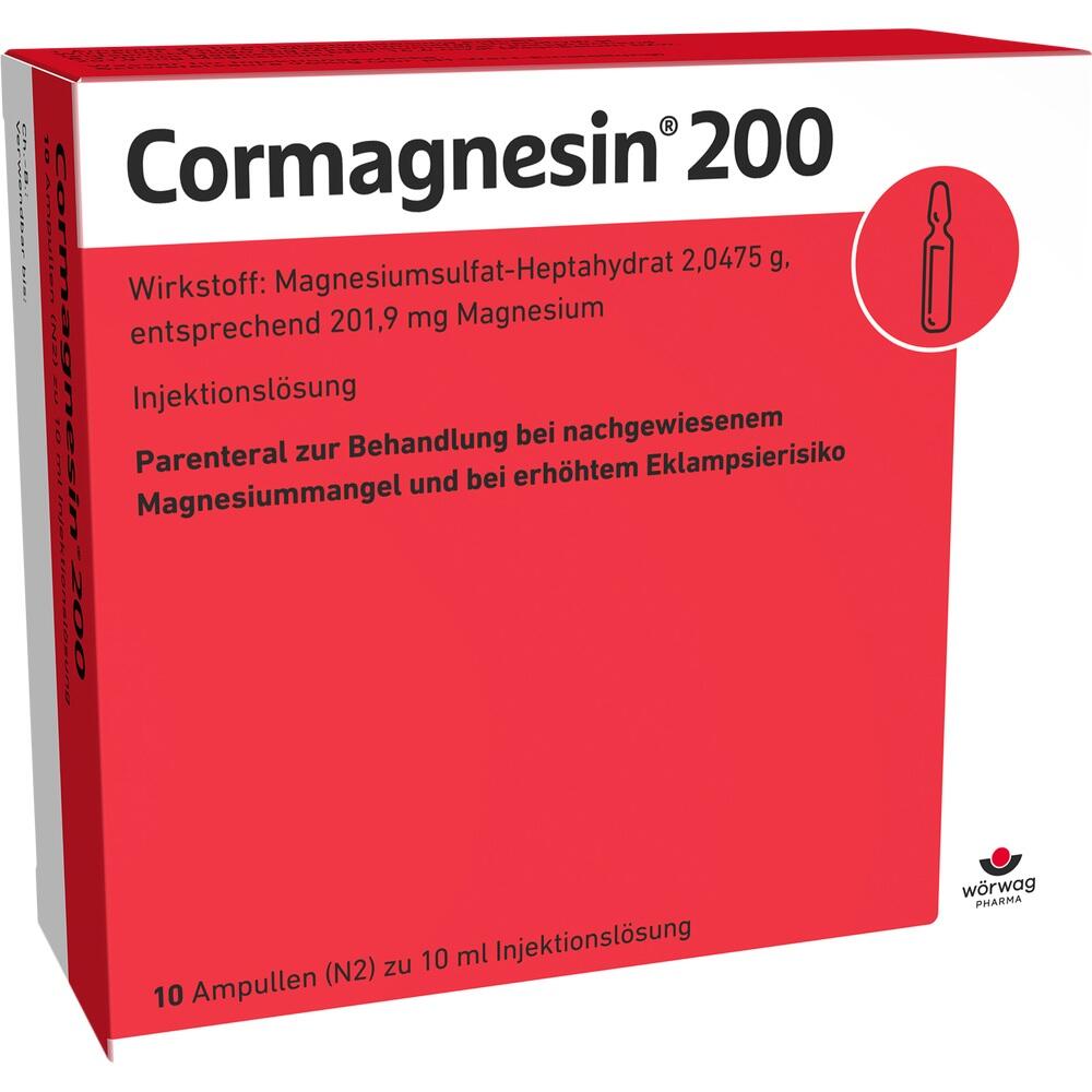 Rote Verpackung mit der Aufschrift "Cormagnesin 200" und Information zur Magnesium-Injektionsl&ouml;sung.