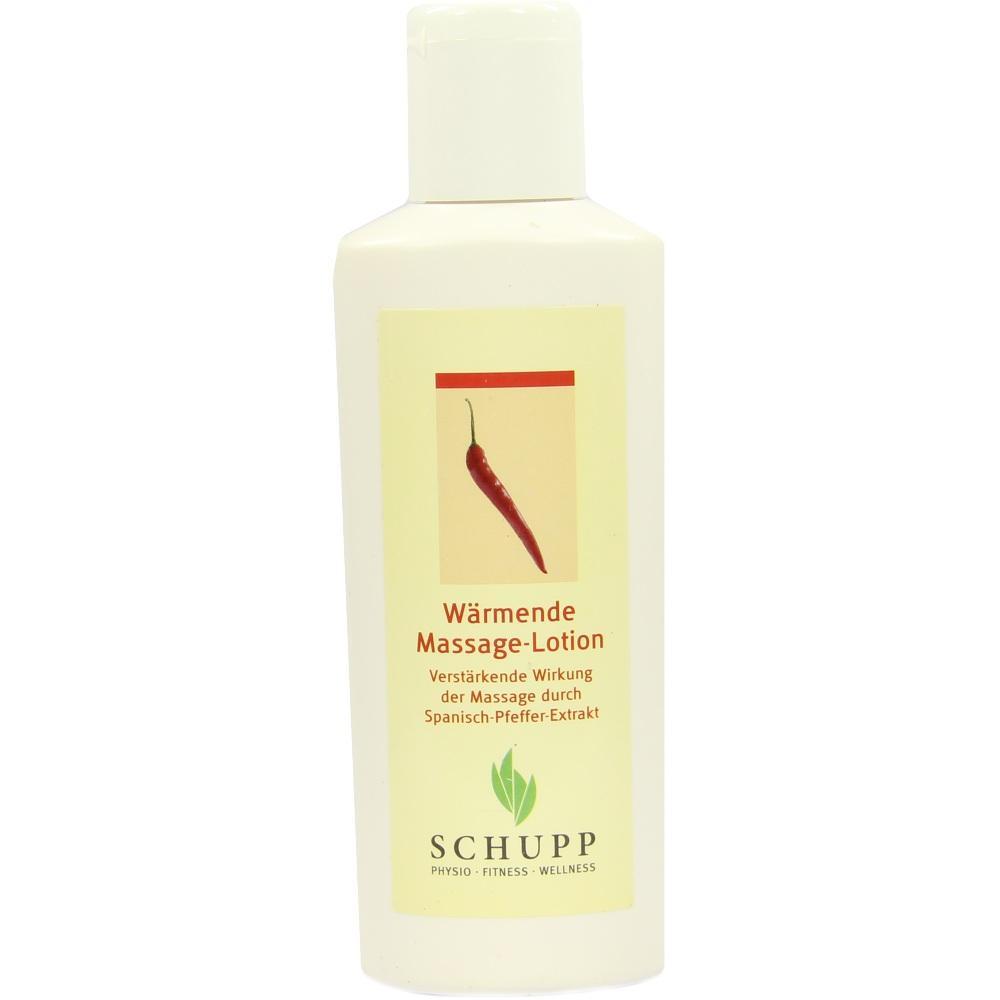 Wei&szlig;e Flasche mit w&auml;rmender Massage-Lotion, Abbildung eines roten Pfeffers auf dem Etikett.
