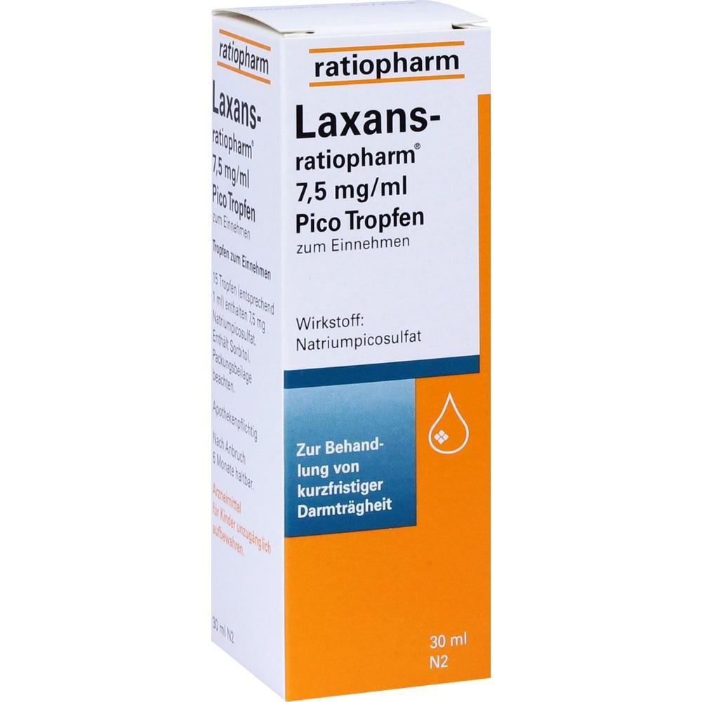Eine Packung Abf&uuml;hrmittel-Tropfen von Ratiopharm zur kurzzeitigen Behandlung von Verstopfung.