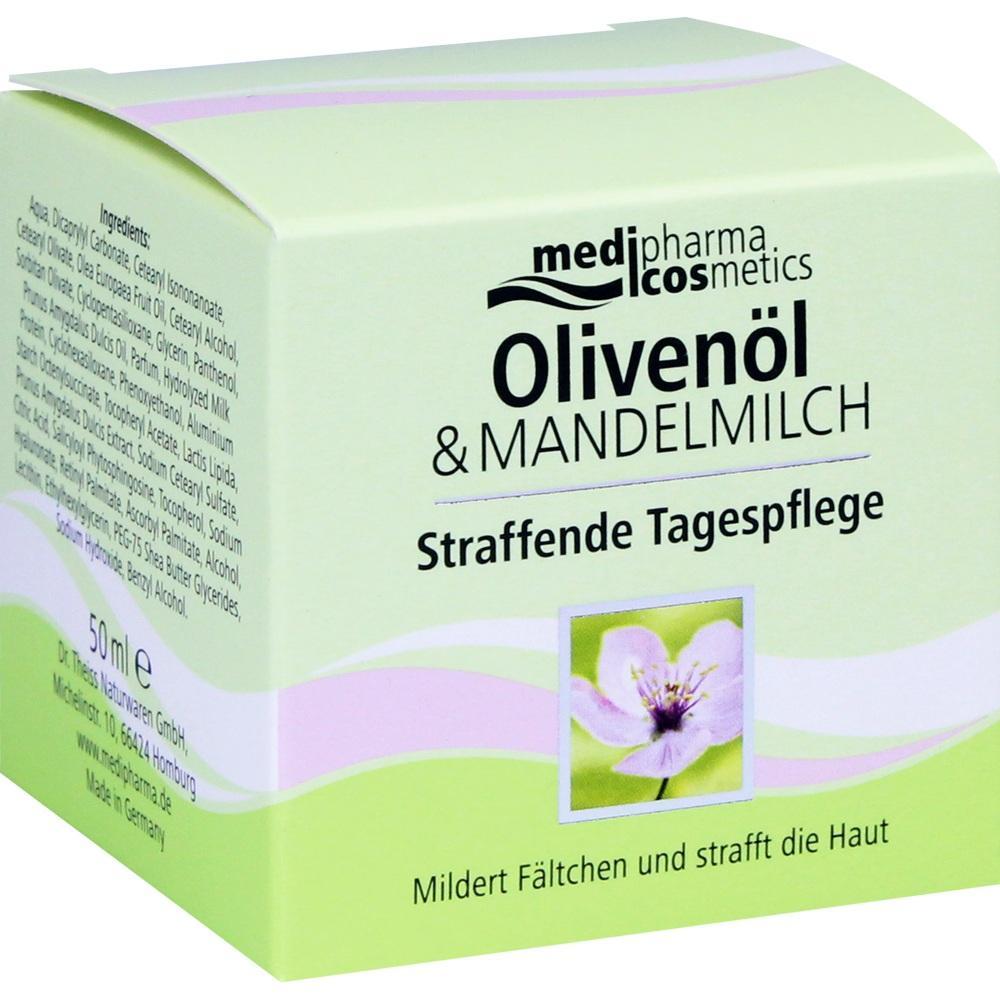 Eine Verpackung von Oliven&ouml;l- und Mandelmilch-Tagespflege mit einem Blumenbild auf der Vorderseite.