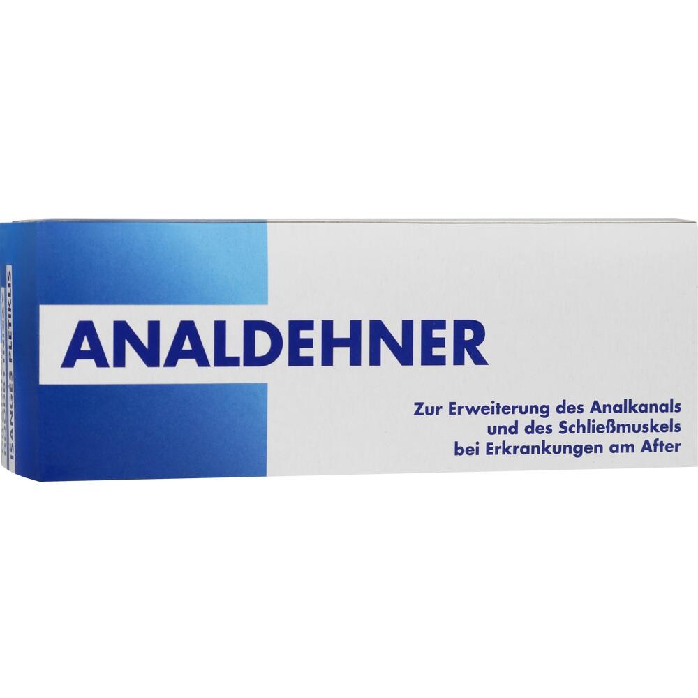 Eine wei&szlig;e Verpackung mit der Aufschrift "Analdehner" in verschiedenen Sprachen.
