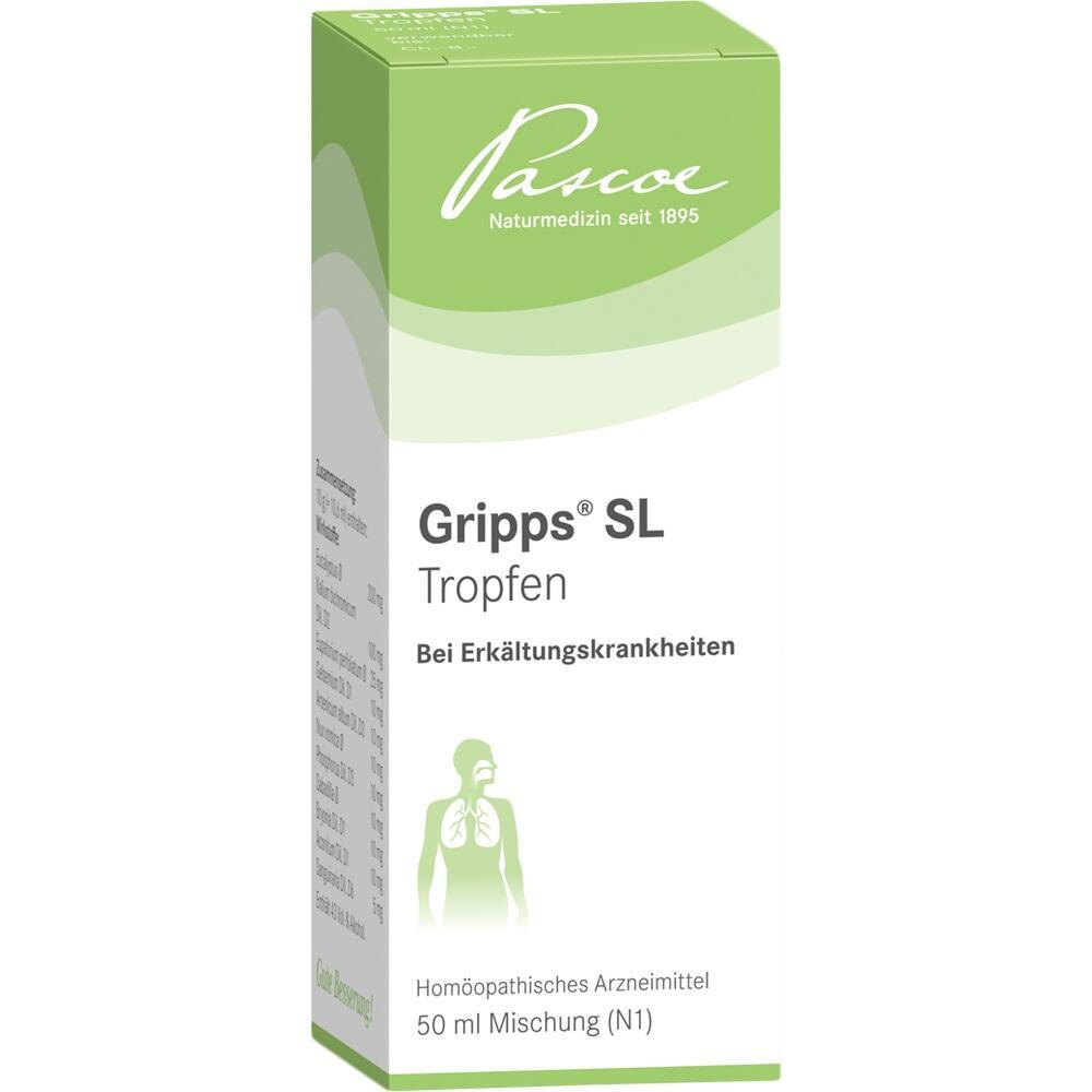 Gr&uuml;ner Karton mit Grippe-Tropfen f&uuml;r Erk&auml;ltungen, 50 ml.