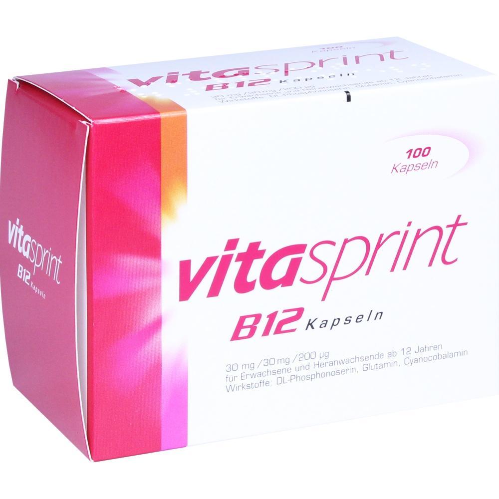 Eine wei&szlig;e Packung mit der Aufschrift "Vitasprint B12 Kapseln".