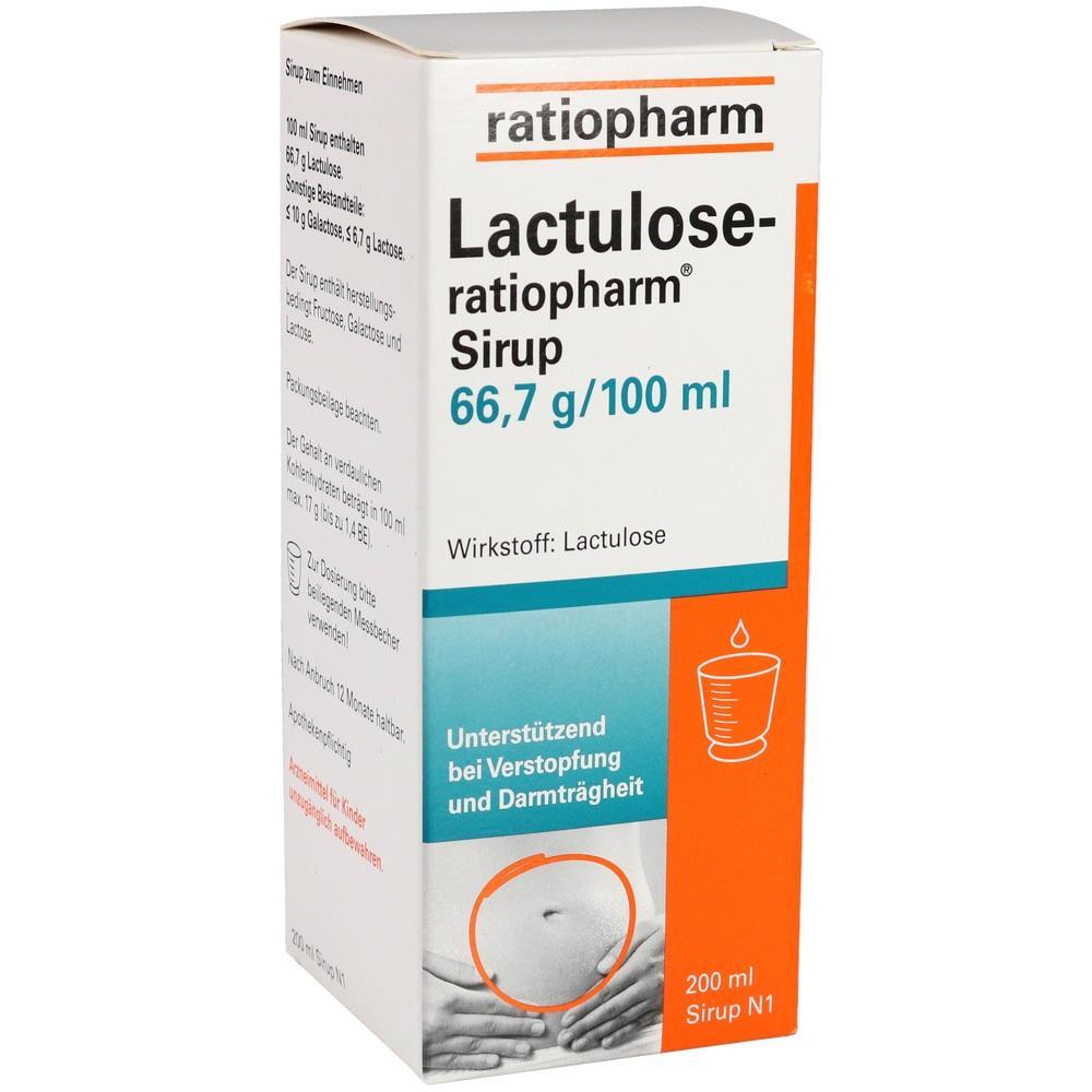 Verpackung von Lactulose-Sirup gegen Verstopfung steht aufrecht.
