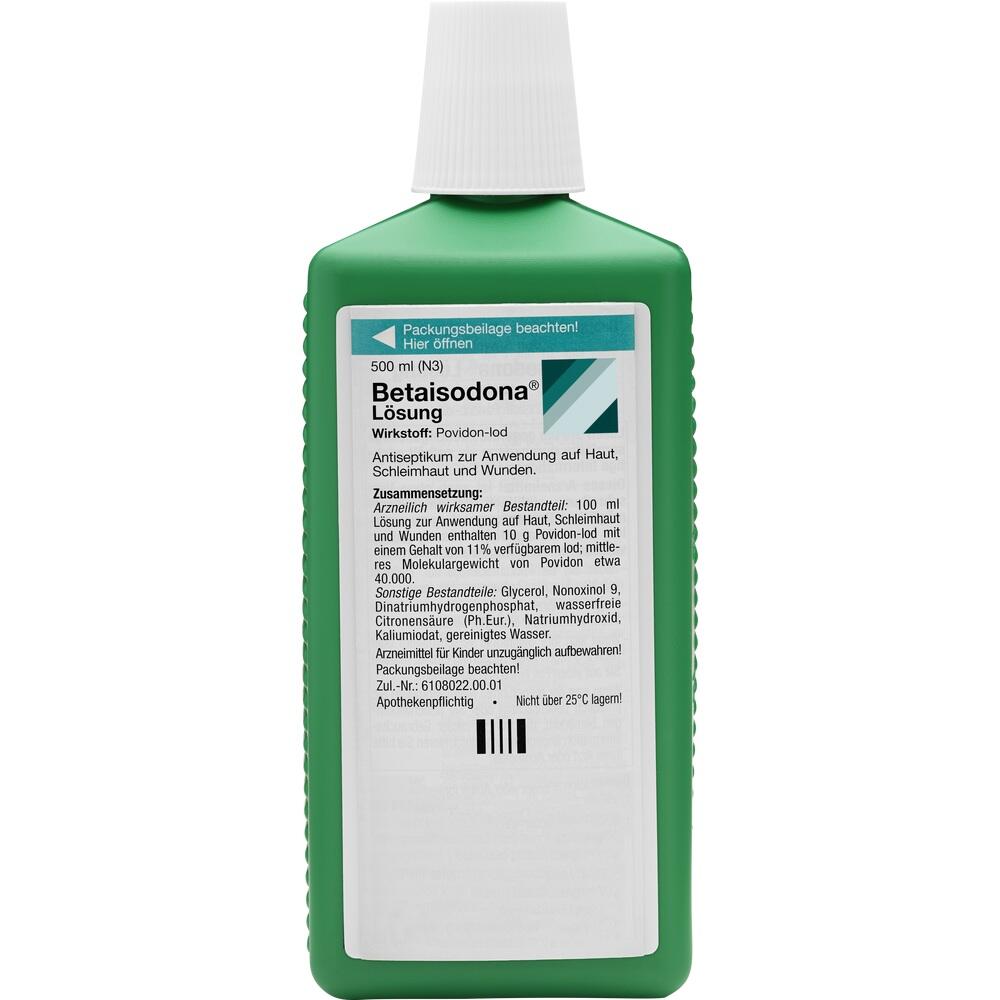 Gr&uuml;ne Flasche mit Antiseptikum namens Betaisodona zur Hautdesinfektion.