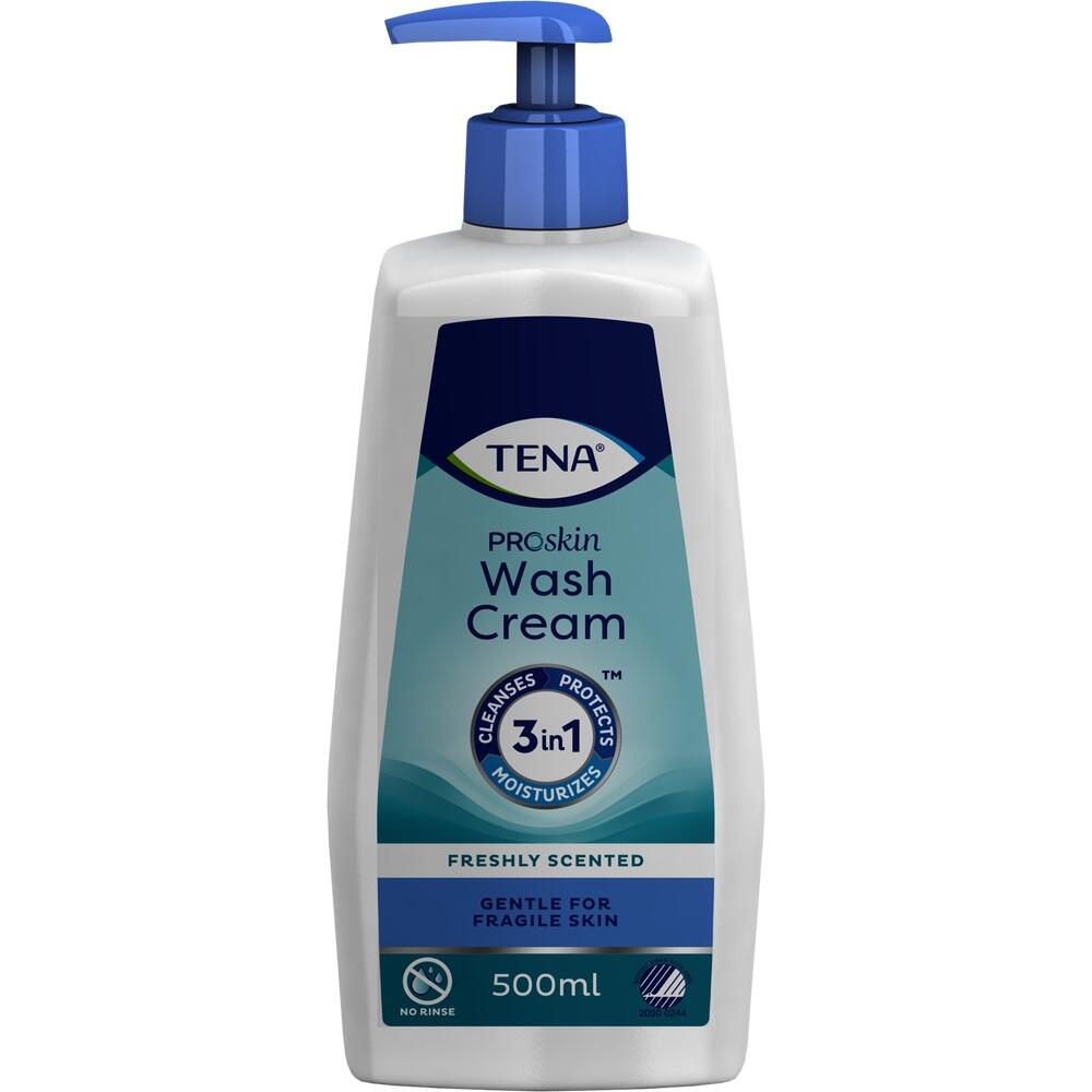Wei&szlig;e Flasche mit blauem Pumpspender und der Aufschrift "TENA ProSkin Wash Cream 3in1".