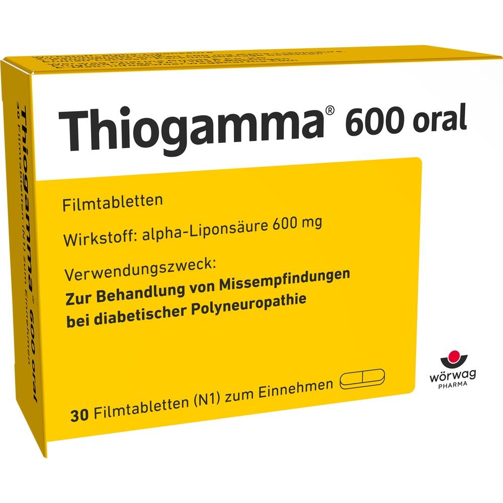 Gelbe Medikamentenverpackung "Thiogamma 600 oral" f&uuml;r diabetische Polyneuropathie.