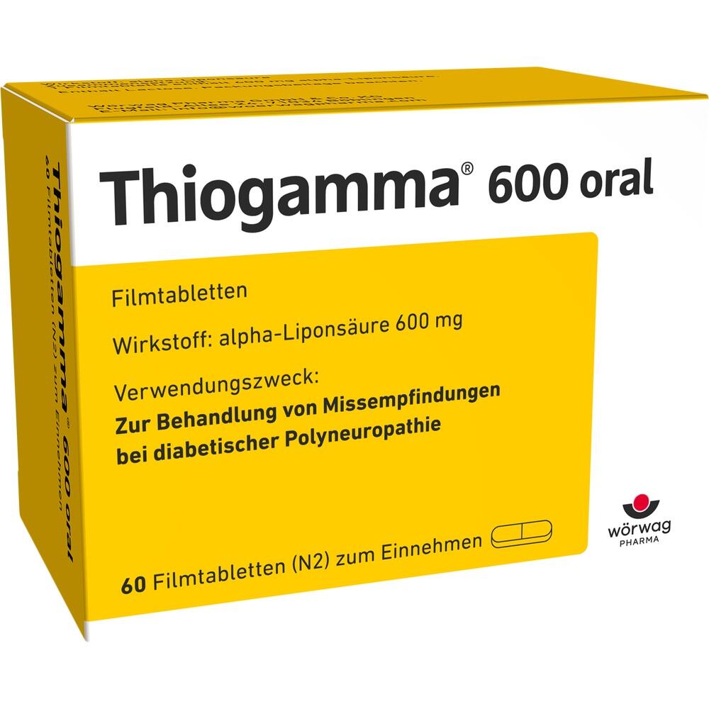 Gelbe Medikamentenverpackung mit Aufschrift "Thiogamma 600 oral" zur Behandlung bei Nervenerkrankungen.