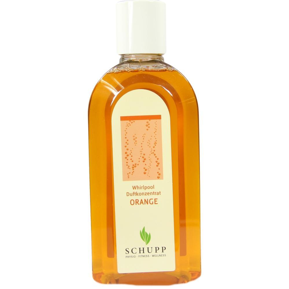 Eine Flasche mit orangem Duftkonzentrat f&uuml;r Whirlpools.