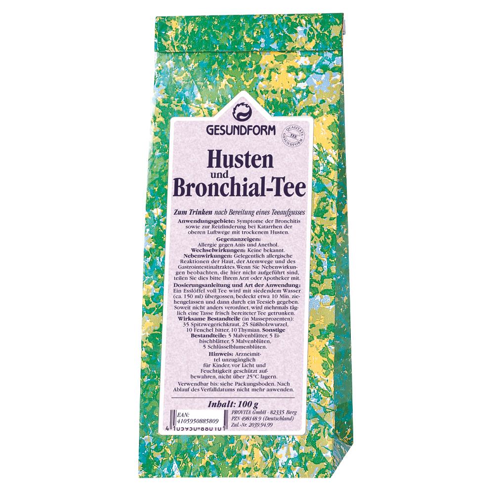 Verpackung von Husten und Bronchial-Tee mit gr&uuml;n-gelbem Muster.