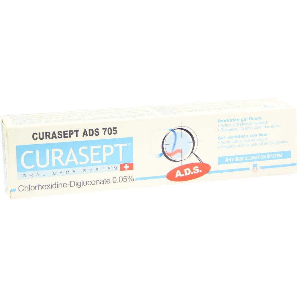 Zahnpasta-Verpackung von Curasept mit Chlorhexidin und Anti-Verf&auml;rbungssystem.