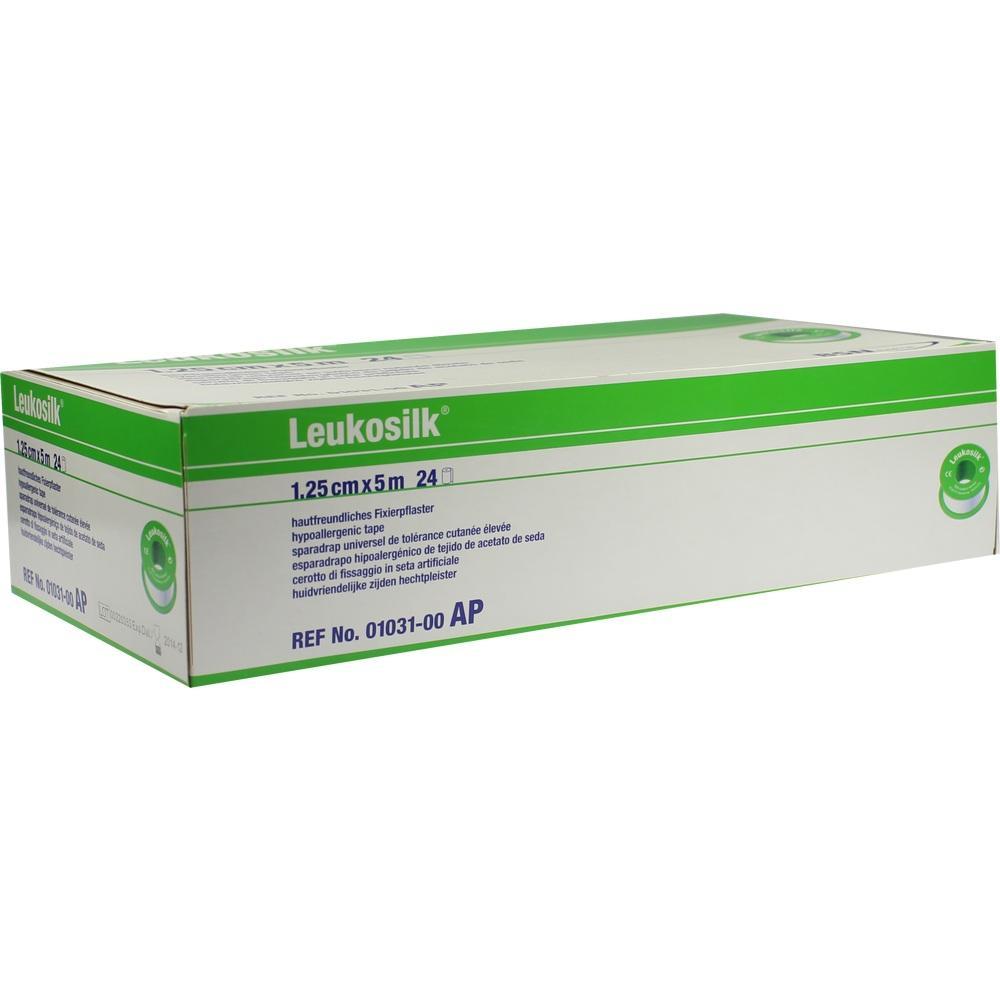 Eine gr&uuml;n-wei&szlig;e Verpackung mit der Aufschrift "Leukosilk" f&uuml;r medizinisches Klebeband.