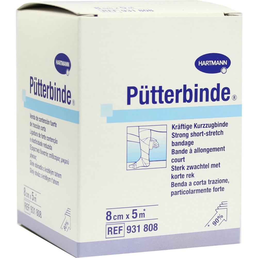 Eine Packung P&uuml;tterbinde, 8 cm breit und 5 m lang, mit Abbildung eines umwickelten Beins.