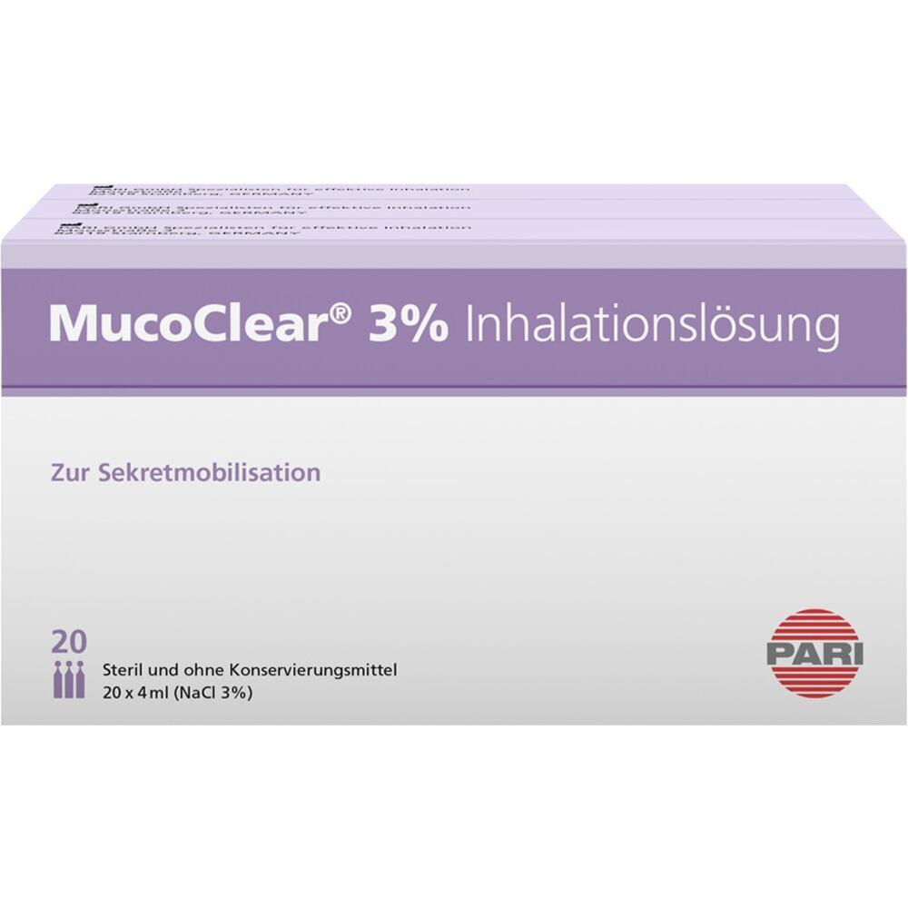 Eine Packung "MucoClear 3% Inhalationsl&ouml;sung" zur Sekretmobilisation.