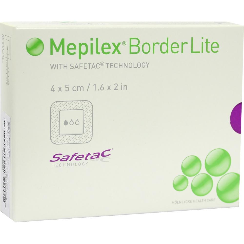 Verpackung von Mepilex Border Lite Wundverband mit gr&uuml;nen und lila Punkten.