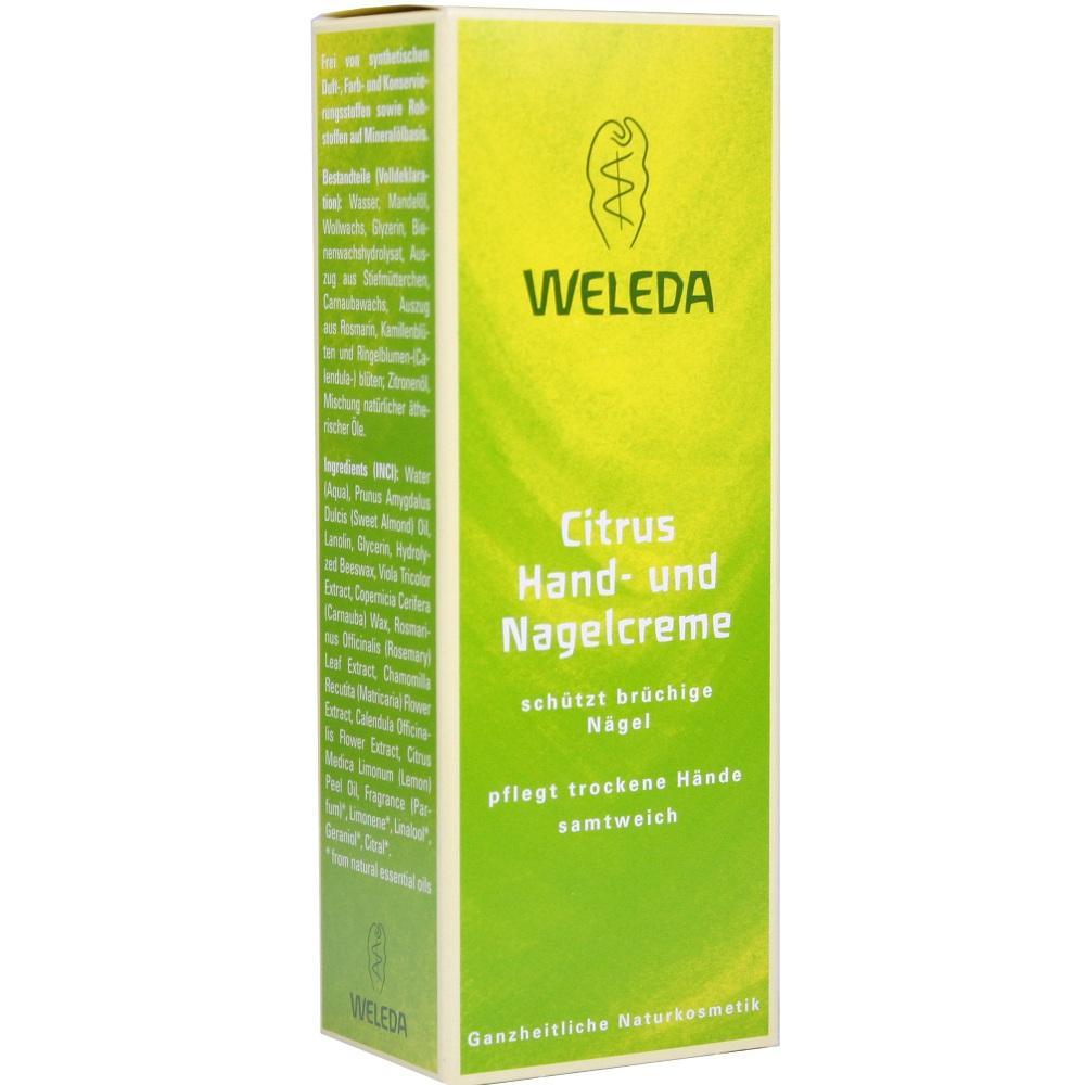Gr&uuml;ne Verpackung von Weleda Citrus Hand- und Nagelcreme f&uuml;r trockene H&auml;nde.