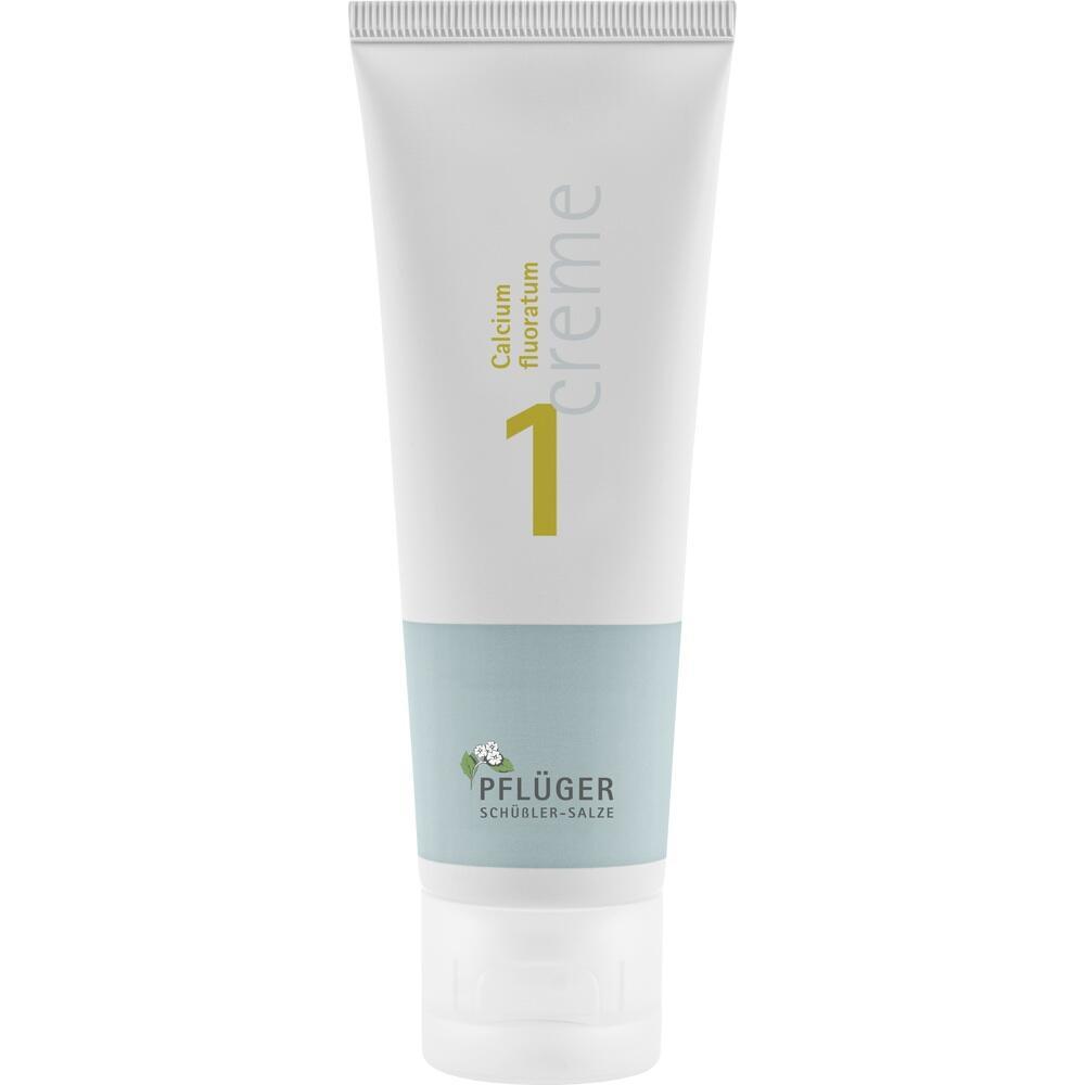 Wei&szlig;e Tube mit der Aufschrift "Calcium fluoratum 1 Creme" und dem Logo "PFL&Uuml;GER Sch&uuml;&szlig;ler-Salze".