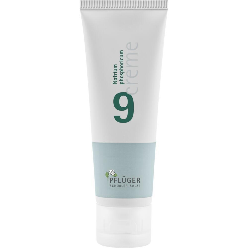 Wei&szlig;e Tube mit gr&uuml;ner Aufschrift "9 creme" und dem Logo "PFL&Uuml;GER SCH&Uuml;&szlig;LER-SALZE".