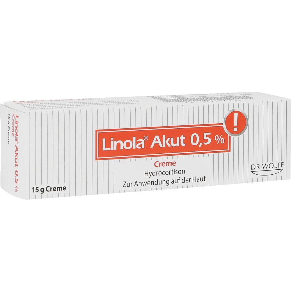 Wei&szlig;e Verpackung einer Linola Akut Creme mit Hydrocortison zur Hautanwendung.