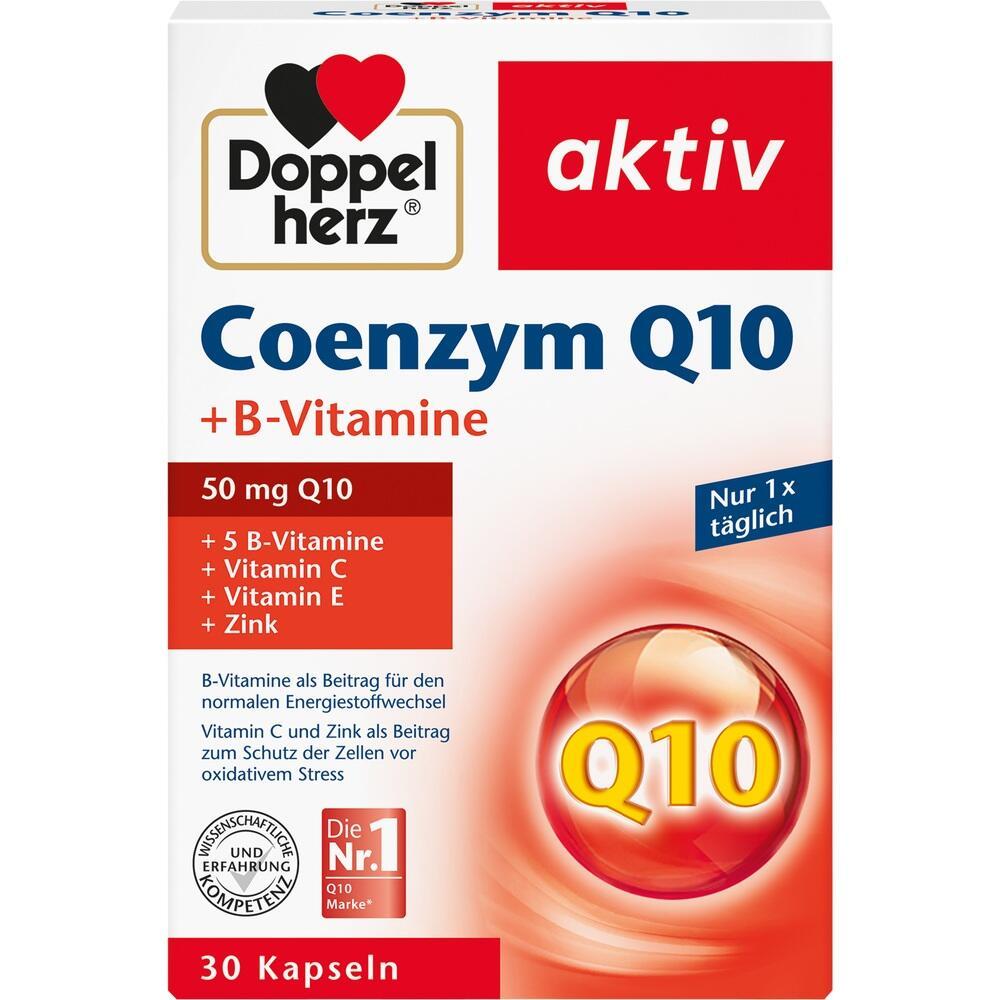 Packung mit Q10 und B-Vitaminen von Doppelherz f&uuml;r t&auml;gliche Einnahme.
