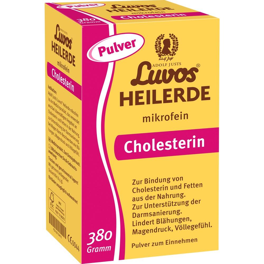 Gelbe Schachtel mit Luvos Heilerde Pulver gegen Cholesterin und Verdauungsprobleme.