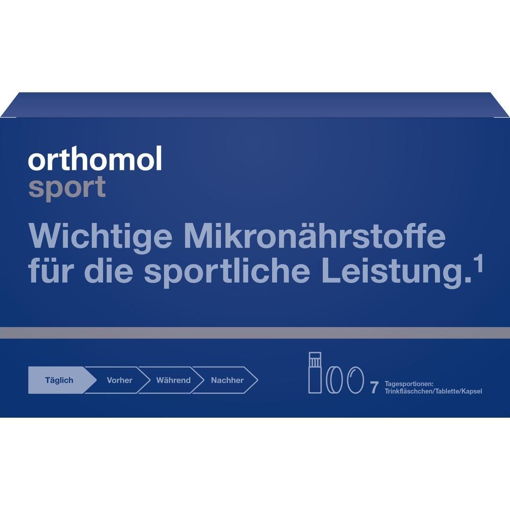 Blaue Verpackung mit der Aufschrift "orthomol sport" f&uuml;r sportliche Mikron&auml;hrstoffe.