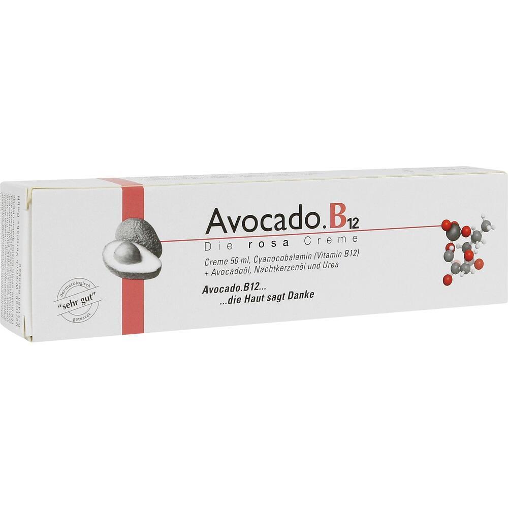 Eine cremefarbene Verpackung der Avocado B12 Creme mit rotem Schriftzug.