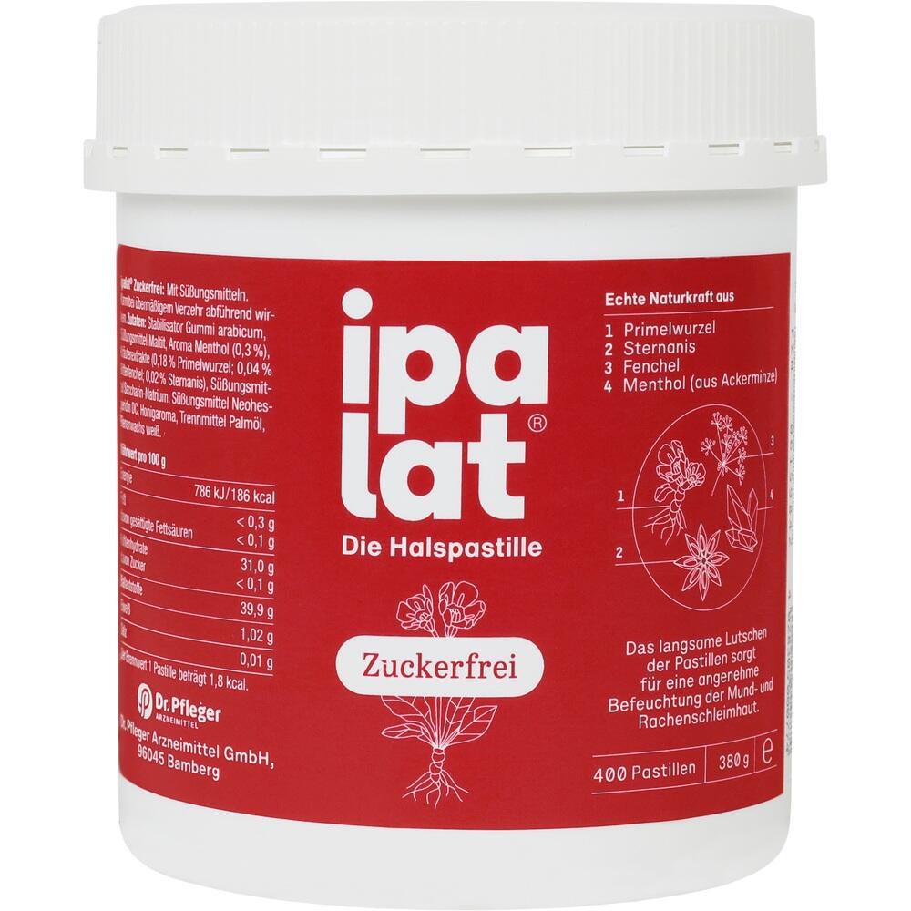 Roter Beh&auml;lter mit der Aufschrift "ipalat", enth&auml;lt zuckerfreie Halsbonbons.
