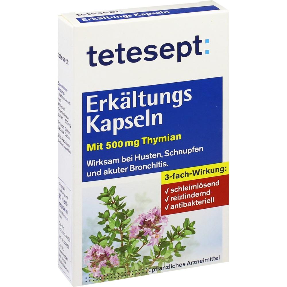 Ein wei&szlig;er Karton mit Erk&auml;ltungskapseln aus Thymian zur Linderung von Erk&auml;ltungssymptomen.